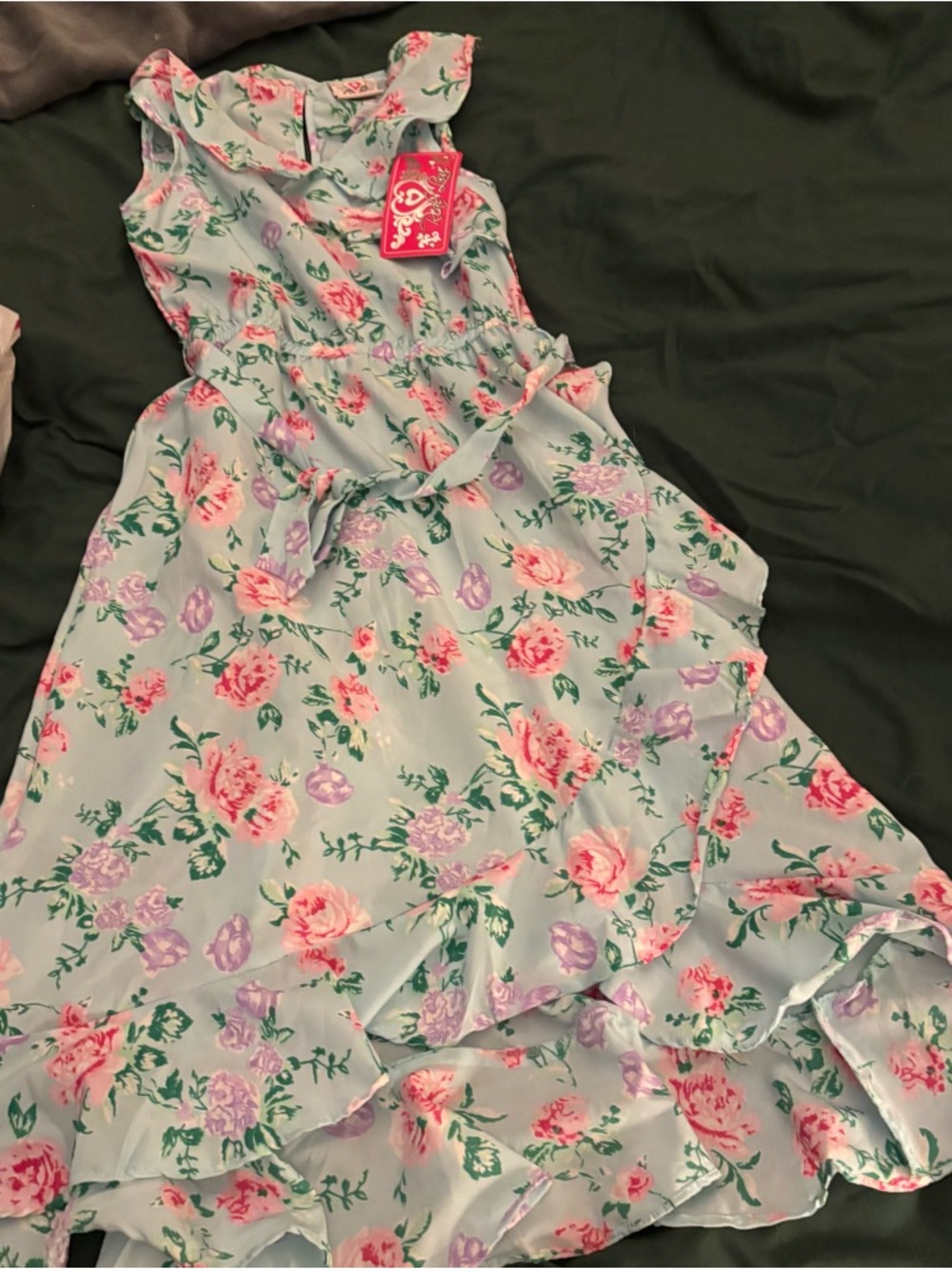Girls Mint Floral Ruffle High-Low Dress with Pink & Lavender Blooms